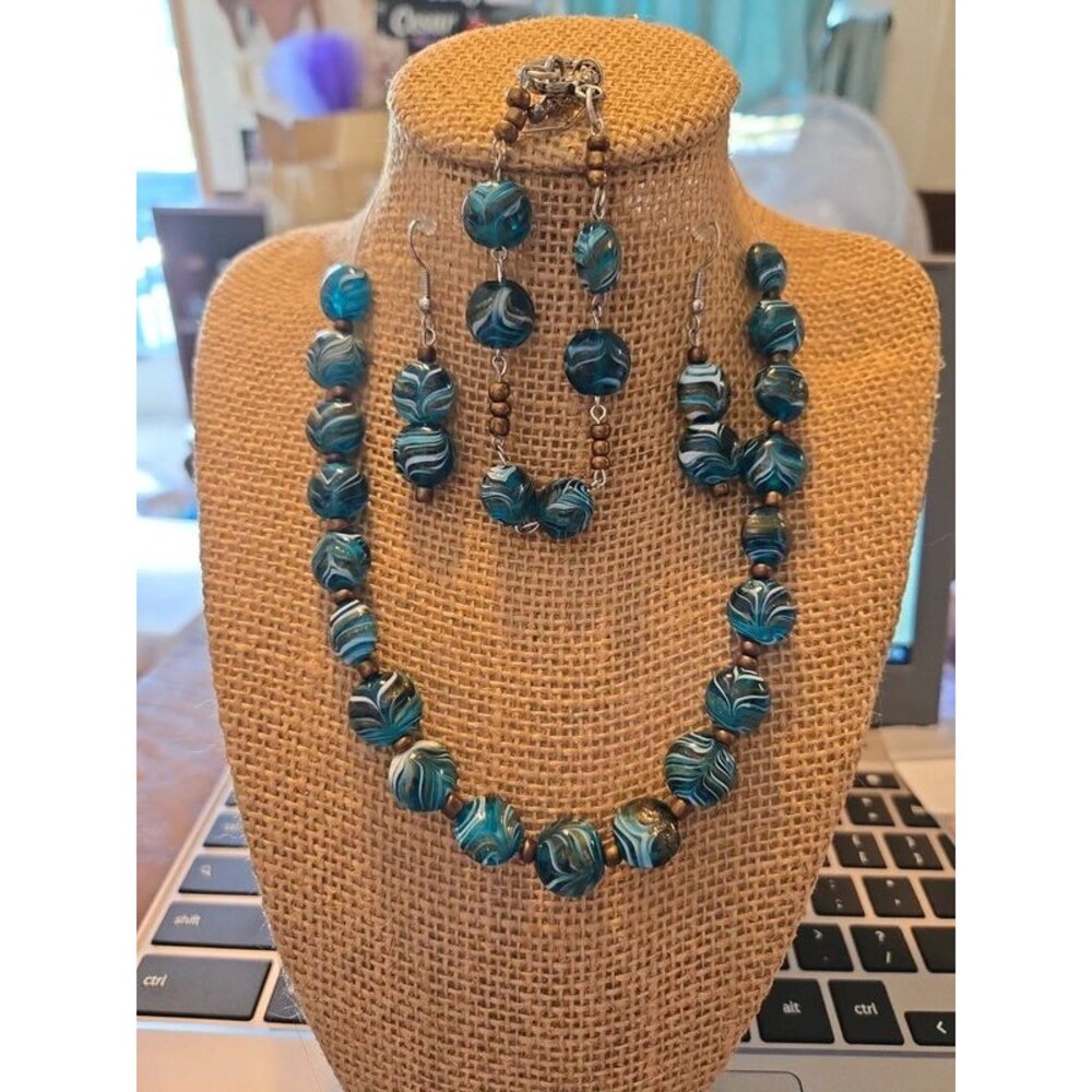Teal Blue Swirl Lampwork Glass Bead Jewelry Set - Venetian Style 3-Piece Set